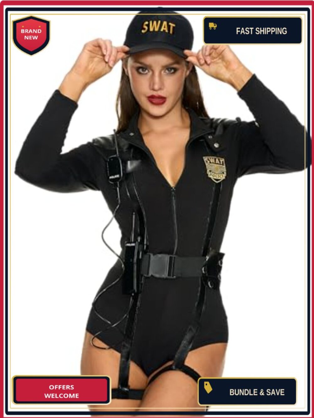 5 Pc Women's Police Costume Set Halloween SWAT Cosplay Bodysuit Hat Belt